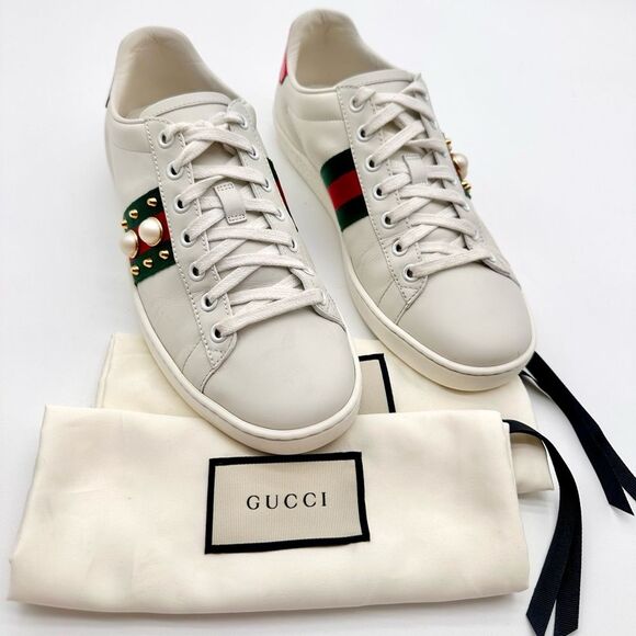 Gucci Ace Trainers Pearl Studded Web White Leather Low Top Sneakers EU 38 US 8 - Picture 1 of 13